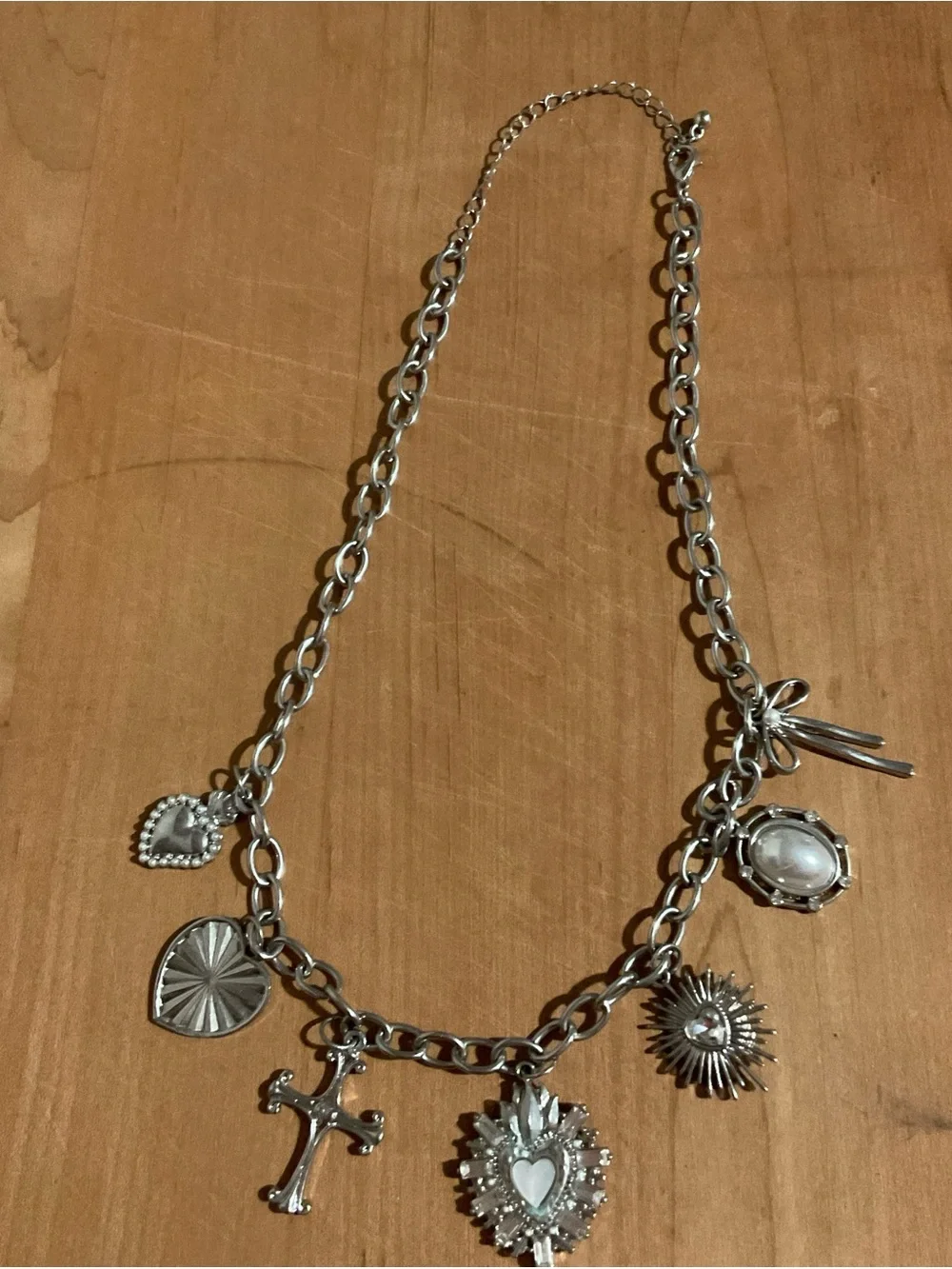 Silver-Tone Religious Charm Necklace with Heart and Cross Pendants